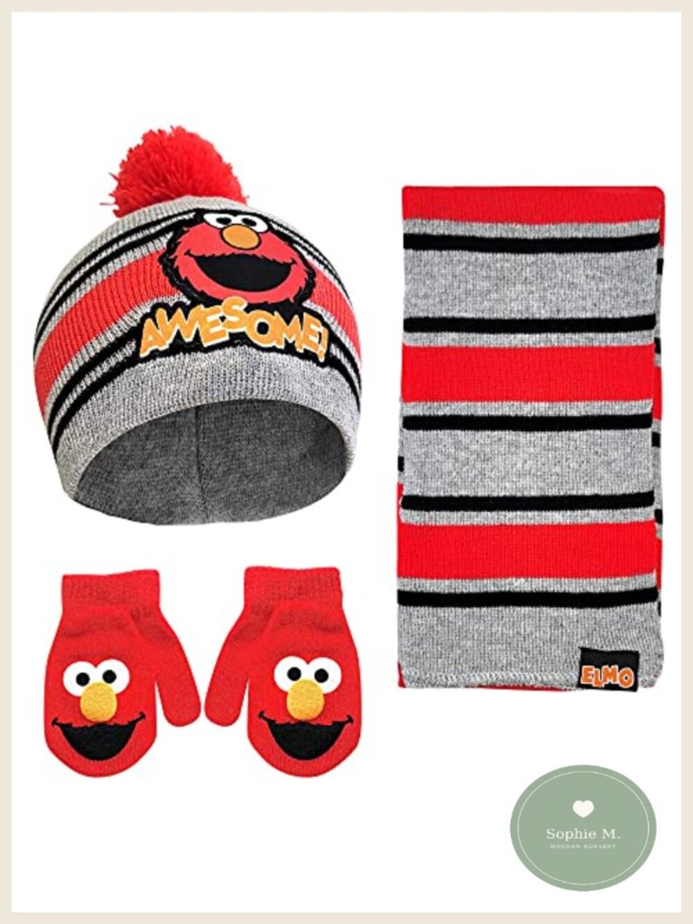 Toddler Elmo Winter Hat Scarf Mittens Set Acrylic Knit Ages 2-4